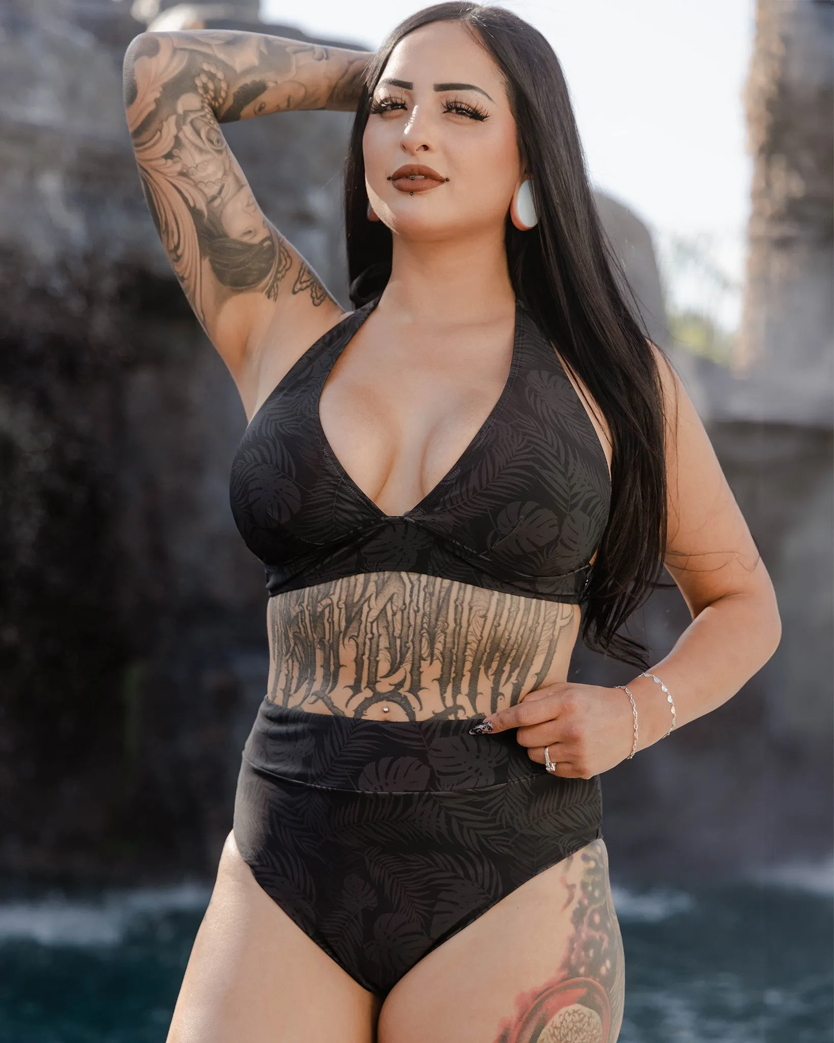 Women's Essential High Waisted Bikini Bottom - Black Corcovado Camo sold by Dixxon