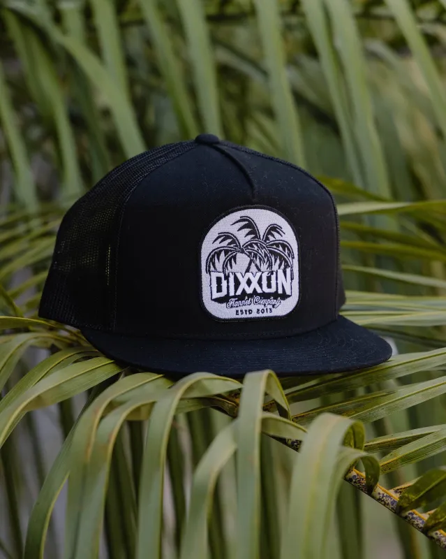 Dueling Palms Flat Bill Trucker Snapback- White & Black made by Dixxon