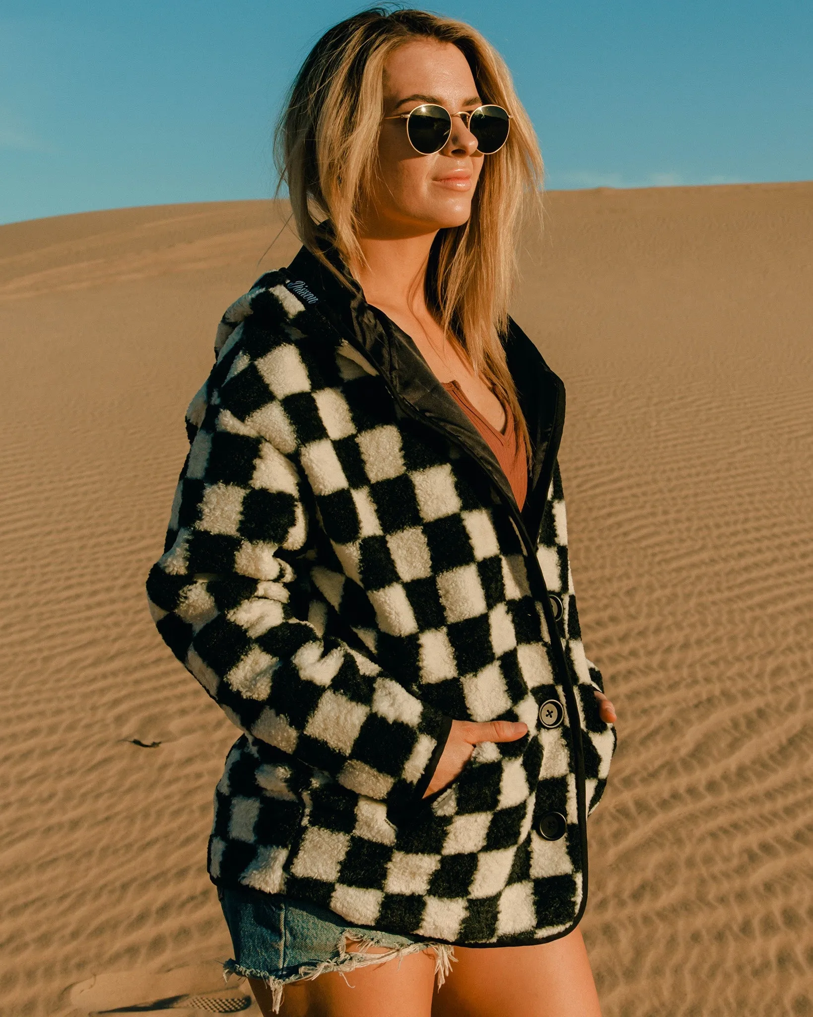 Women's Checkered Sherpa Cardigan - Black & White sold by Dixxon