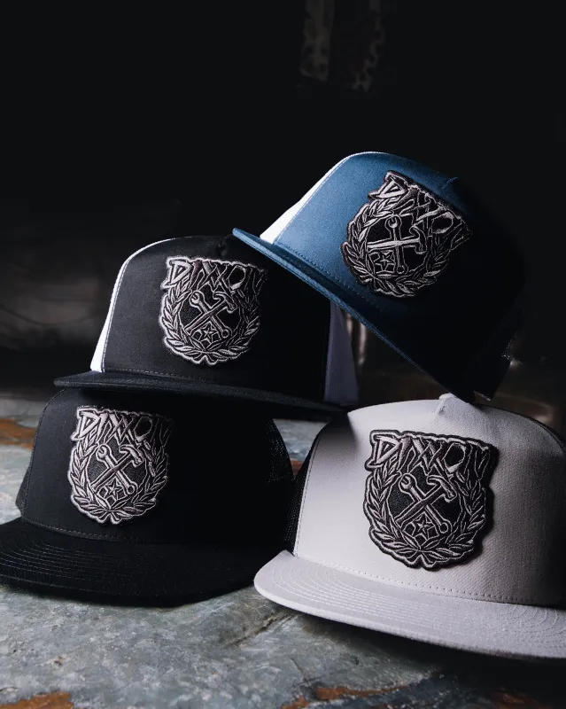Party Crest Flat Bill Trucker Snapback - Black & Gray sold by Dixxon