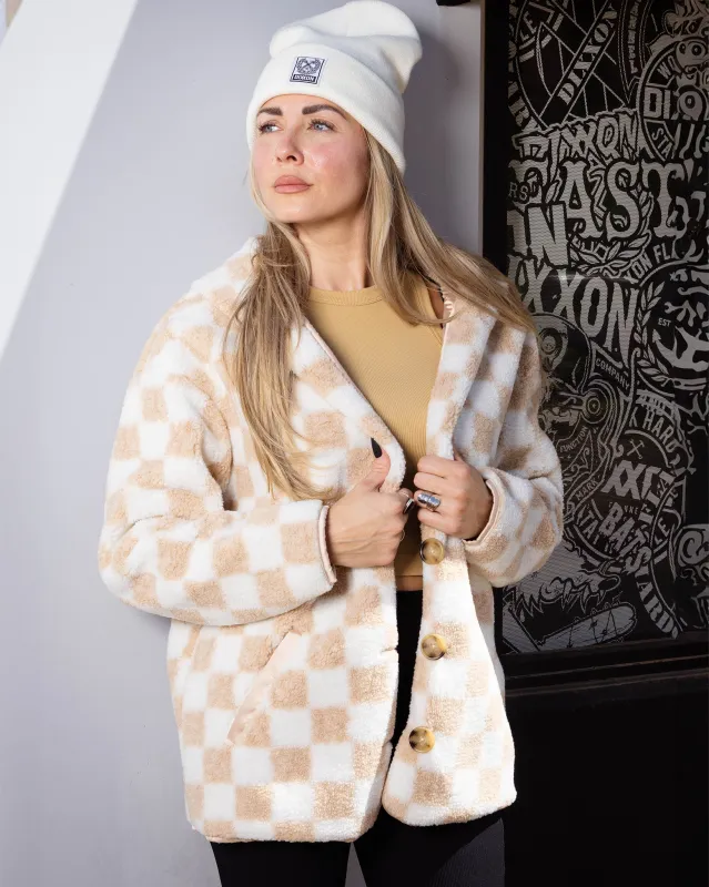 Women's Checkered Sherpa Cardigan - Tan & White sold by Dixxon
