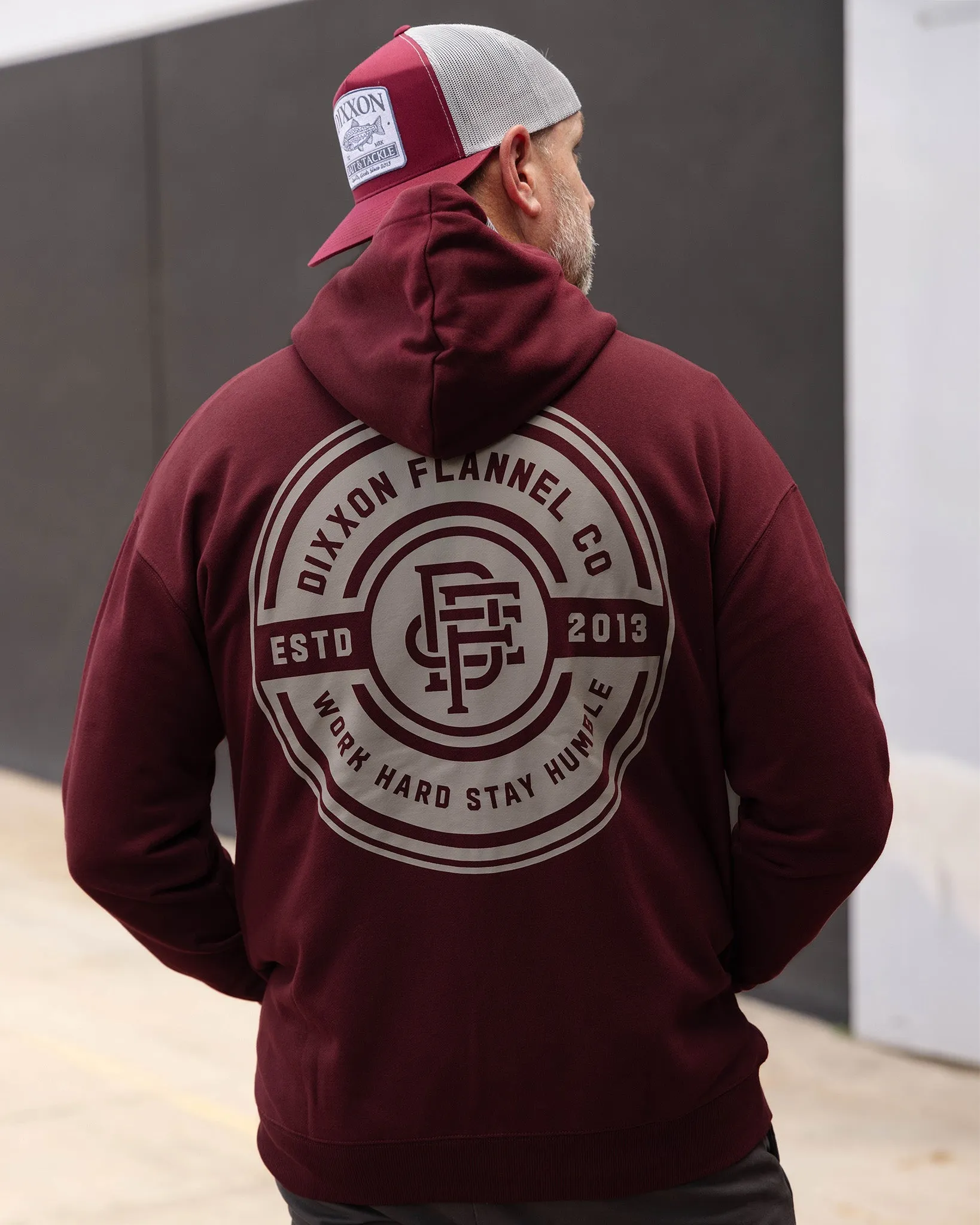Gray Work Hard Badge Zip Up - Maroon sold by Dixxon