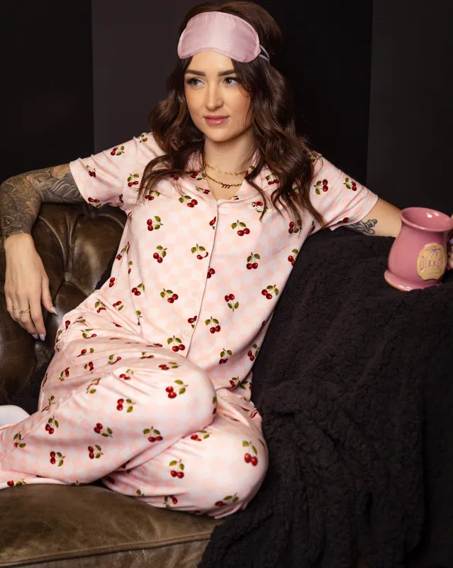 Women's Pink Checkered and Cherry Button Up Pajama Top sold by Dixxon