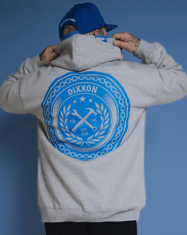 Blue Chain Badge Zip Up - Heathered Gray sold by Dixxon