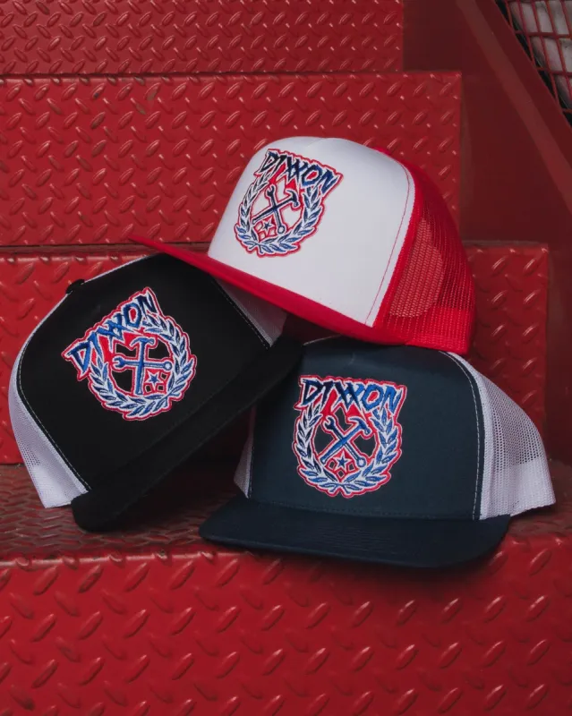Party Crest Flat Bill Trucker Snapback - Red, White, & Blue sold by Dixxon