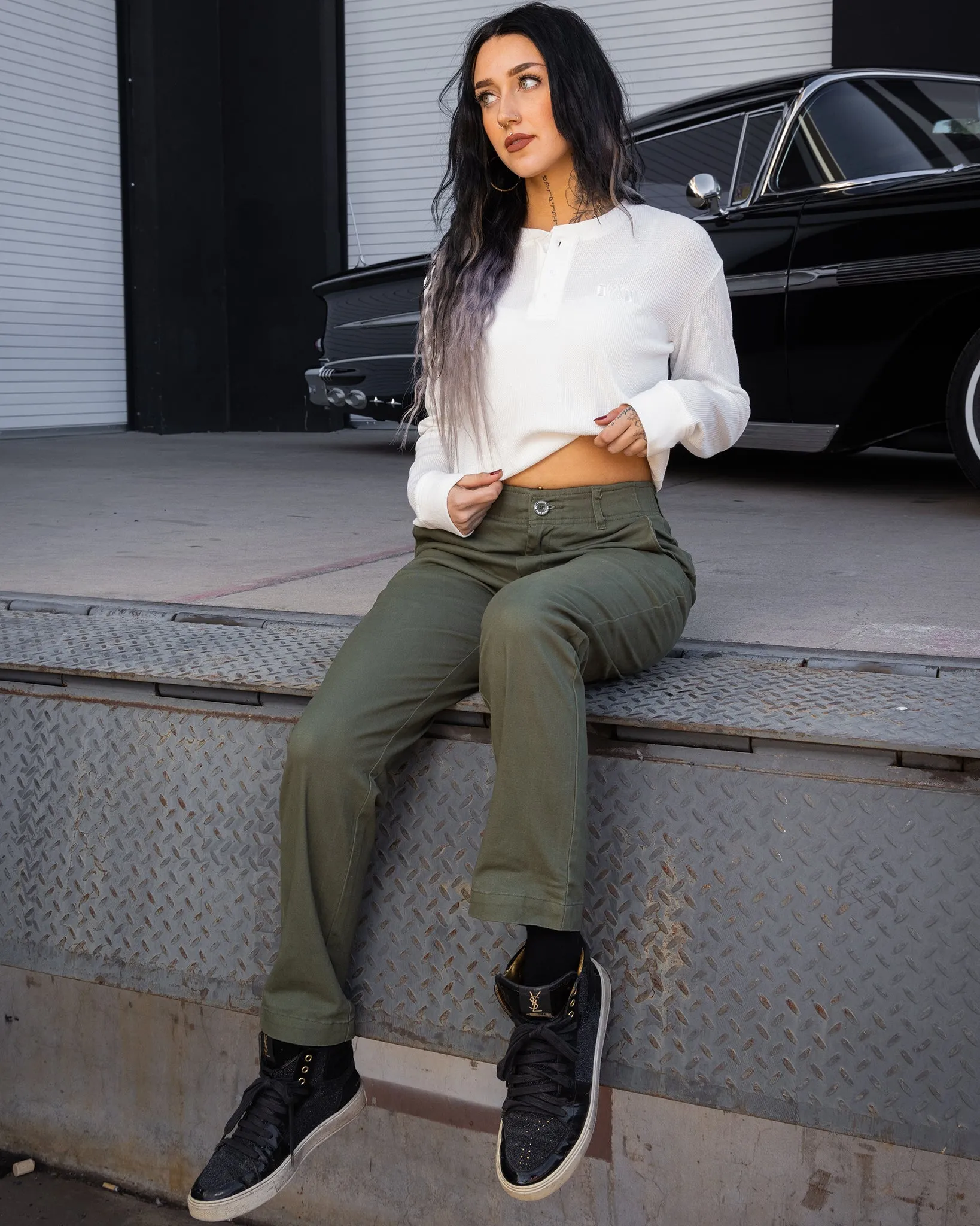 Women's Waffle Knit Long Sleeve Crop Tee - White sold by Dixxon product image thumbnail 3