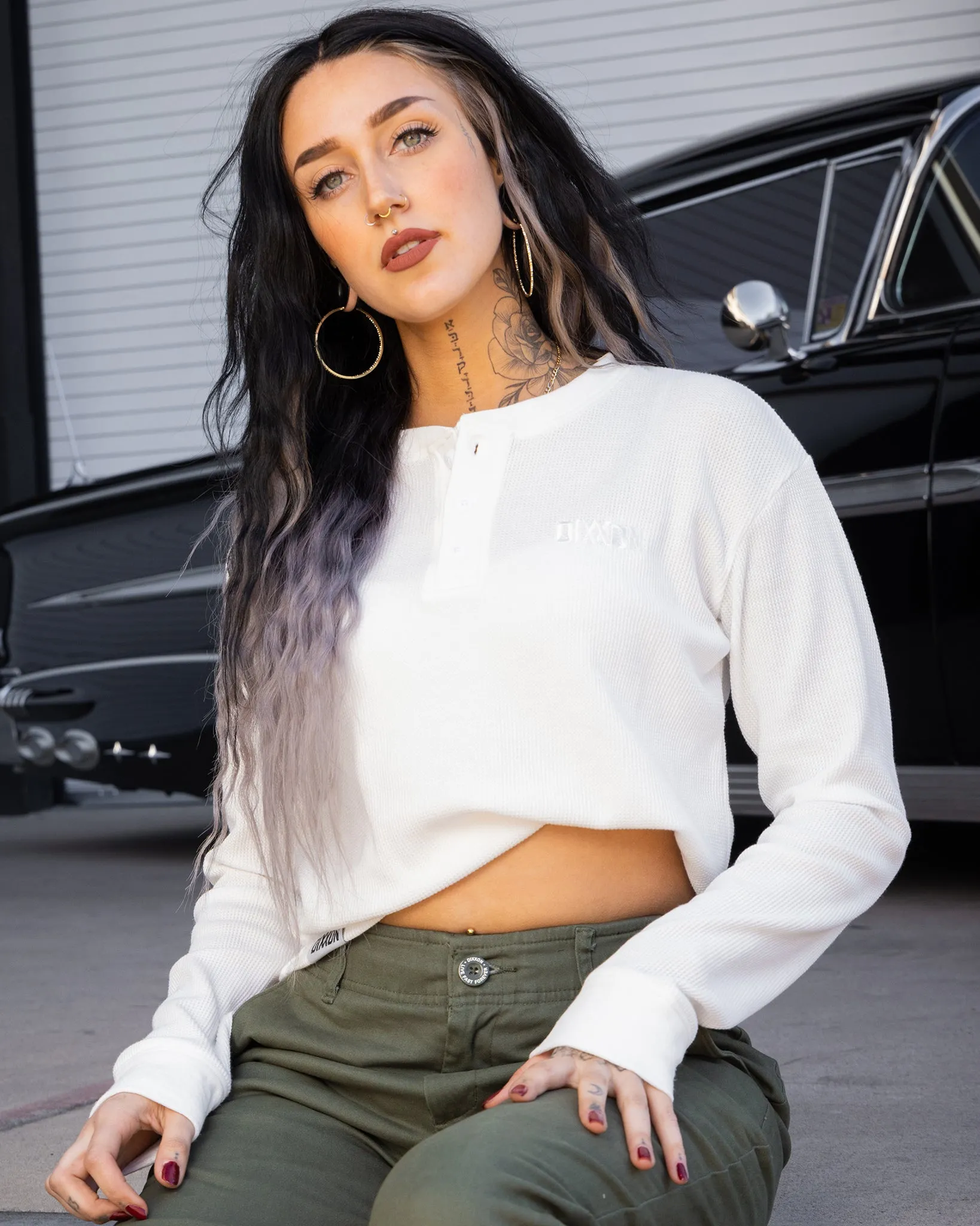 Women's Waffle Knit Long Sleeve Crop Tee - White sold by Dixxon