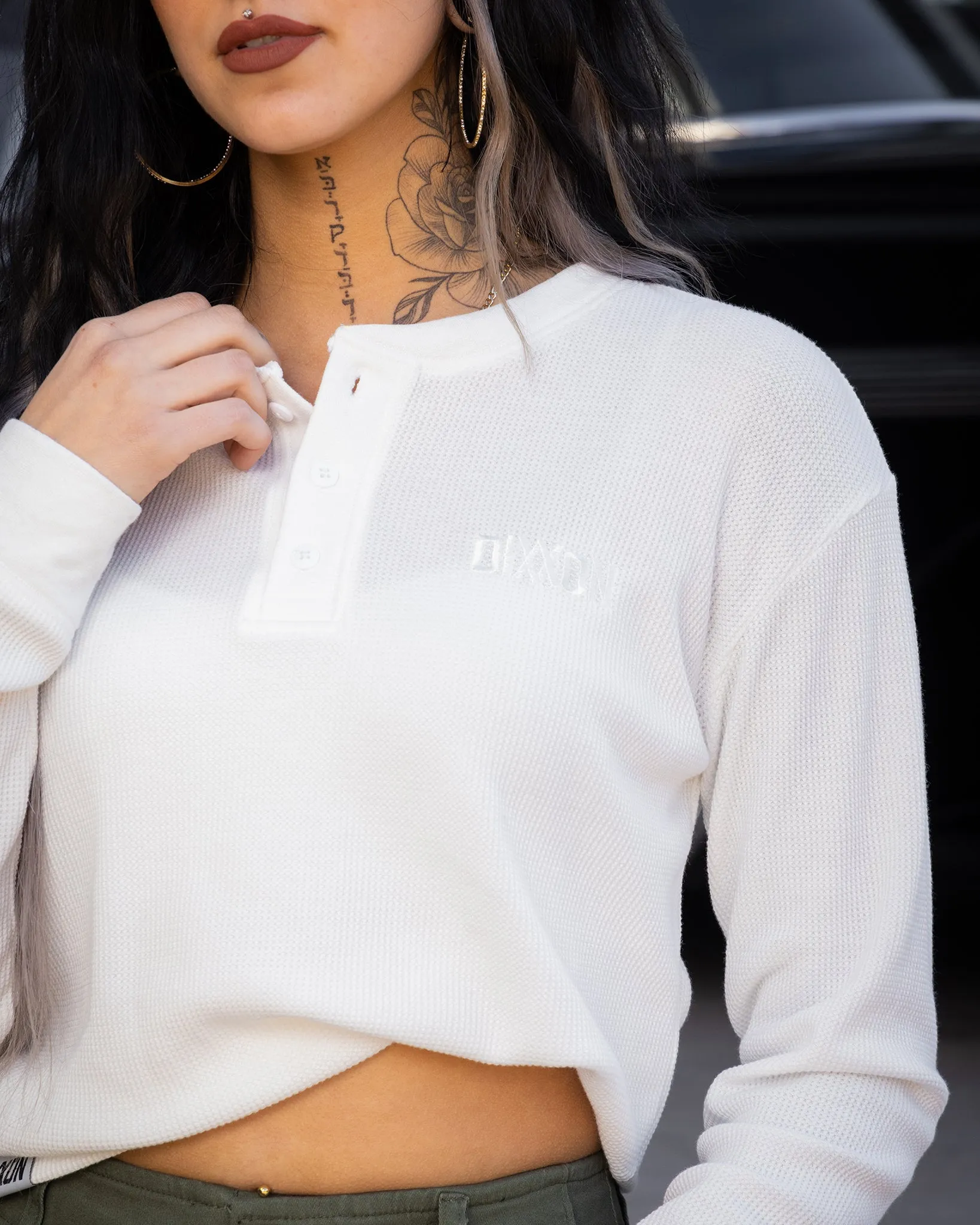 Women's Waffle Knit Long Sleeve Crop Tee - White sold by Dixxon product image thumbnail 2