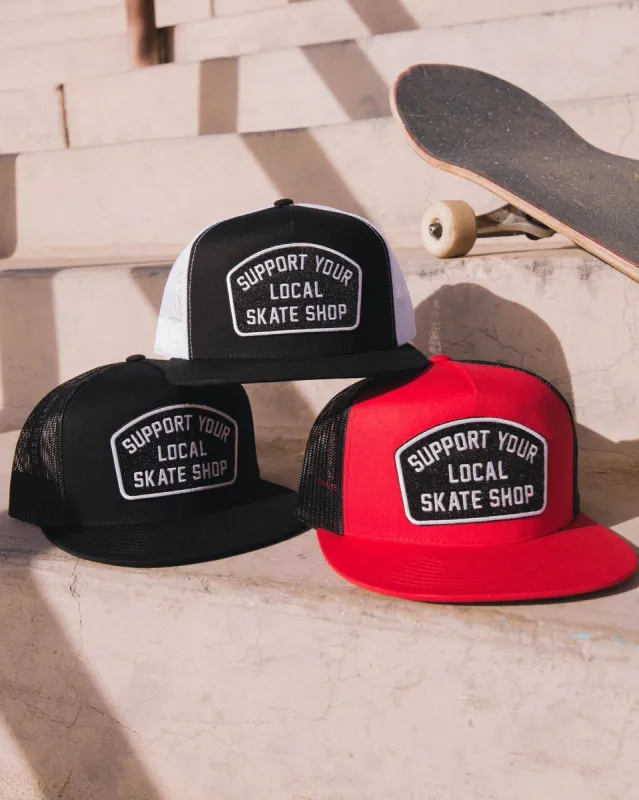 Support Your Local Skate Shop Flat Bill Trucker Snapback sold by Dixxon