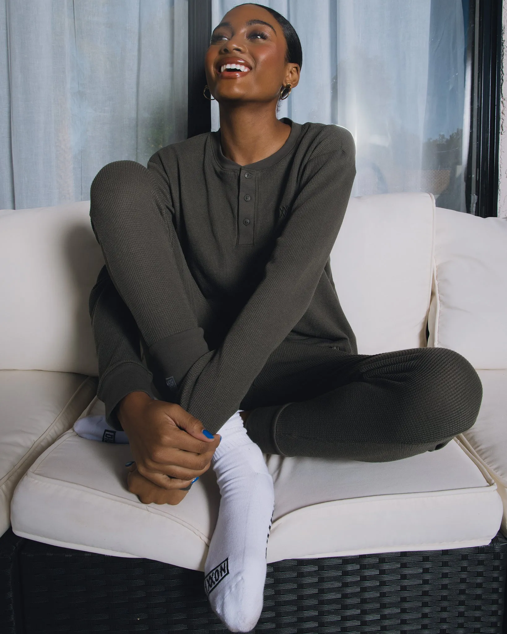 Women's Waffle Knit Long Sleeve Crop Tee - O.D. Green sold by Dixxon product image thumbnail 2