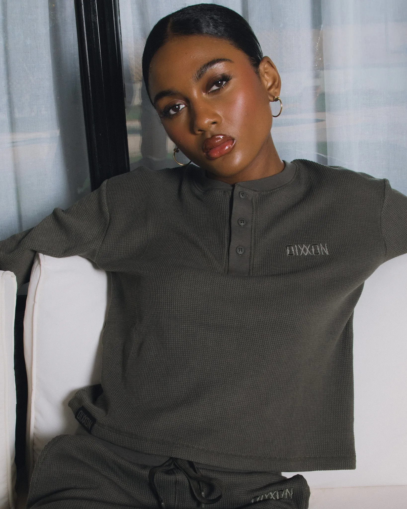 Women's Waffle Knit Long Sleeve Crop Tee - O.D. Green sold by Dixxon