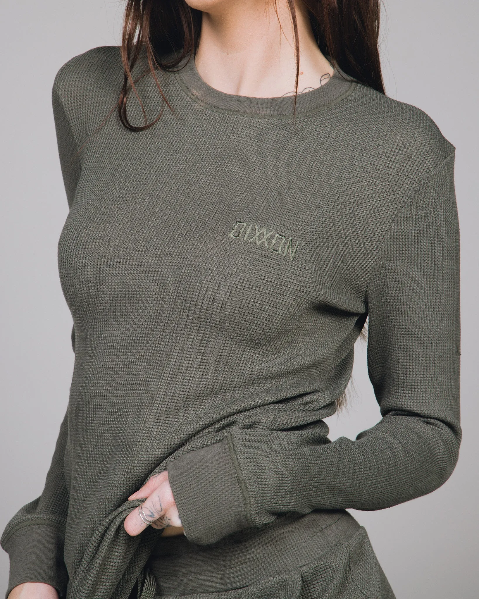 Women's Waffle Knit Long Sleeve Tee - O.D. Green sold by Dixxon product image thumbnail 3