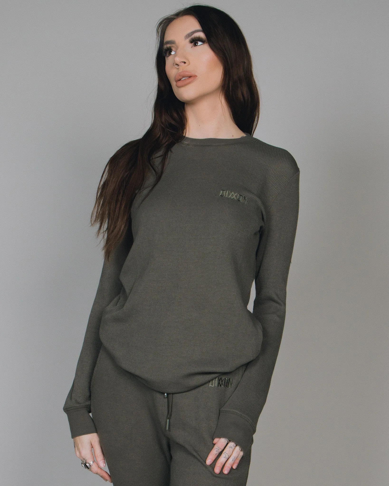 Women's Waffle Knit Long Sleeve Tee - O.D. Green sold by Dixxon
