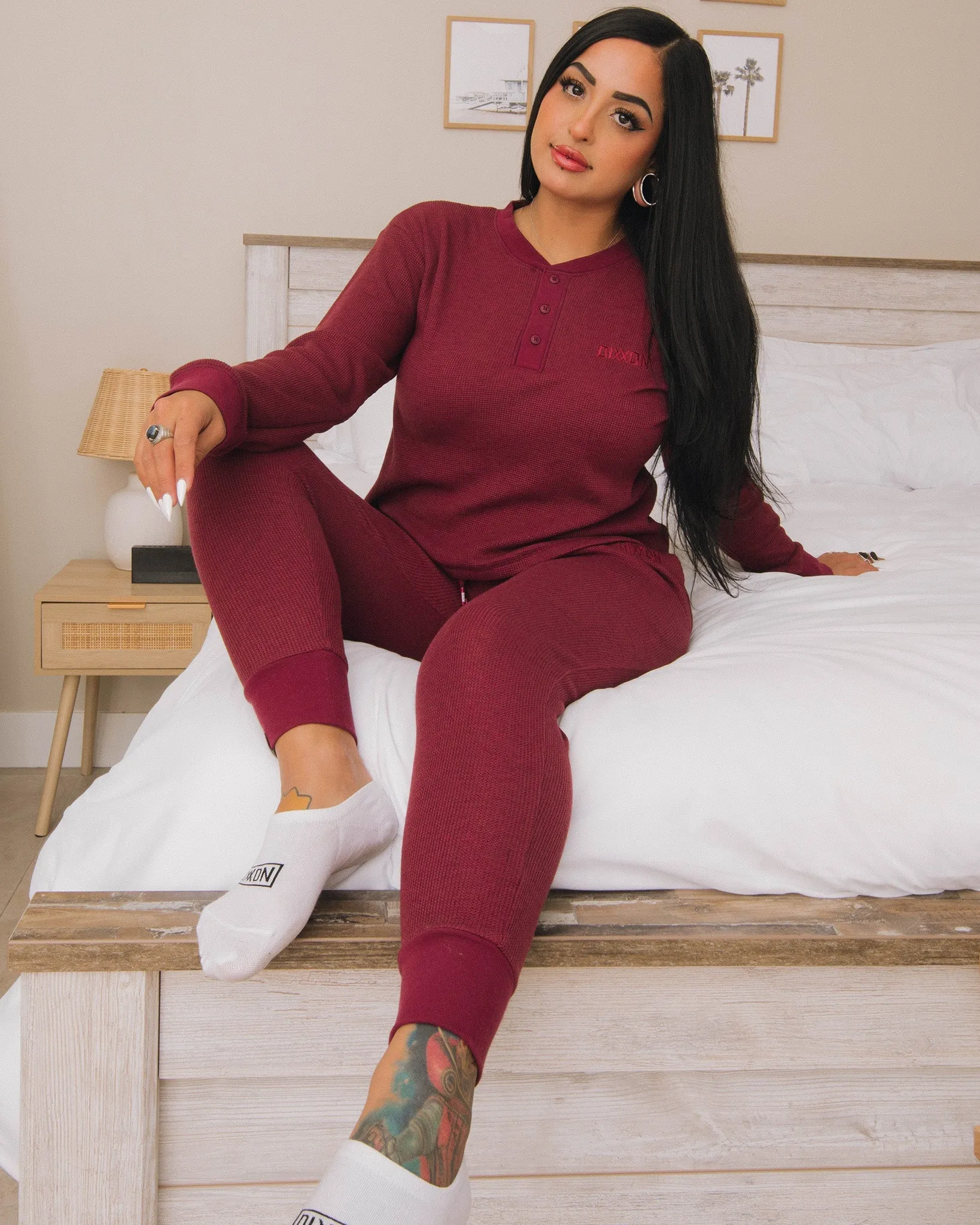 Women's Waffle Knit Joggers - Maroon sold by Dixxon