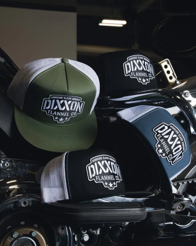 Stencil Logo Flat Bill Trucker Snapback - Black and White sold by Dixxon