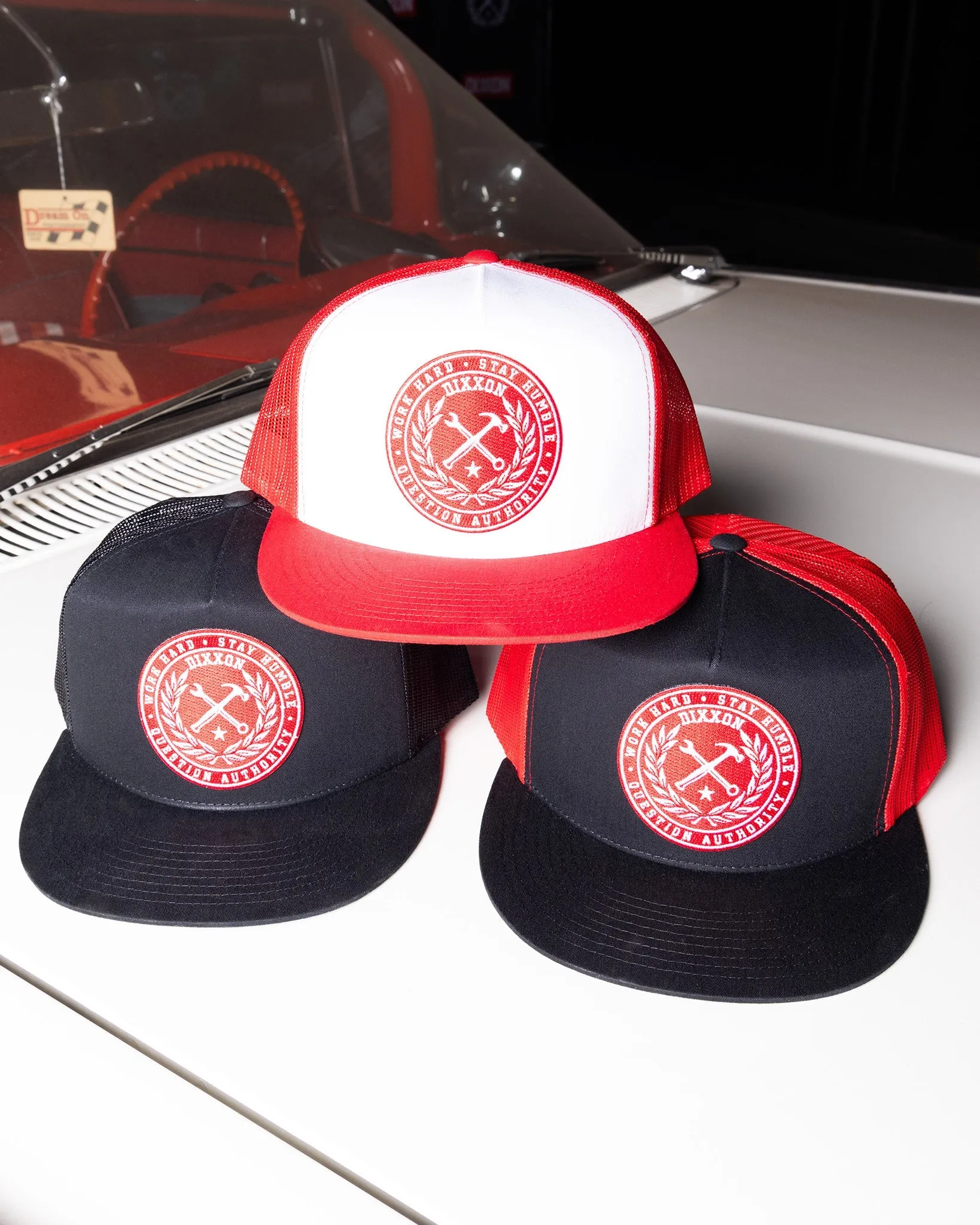 Crested Flat Bill Trucker Snapback - Red & White sold by Dixxon