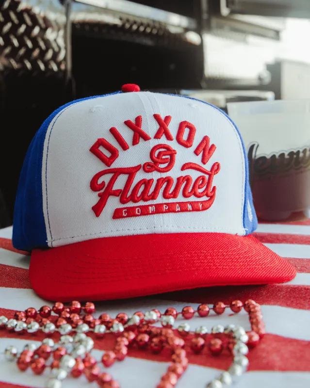Pastime Flat Bill Snapback - Red, White, & Blue made by Dixxon