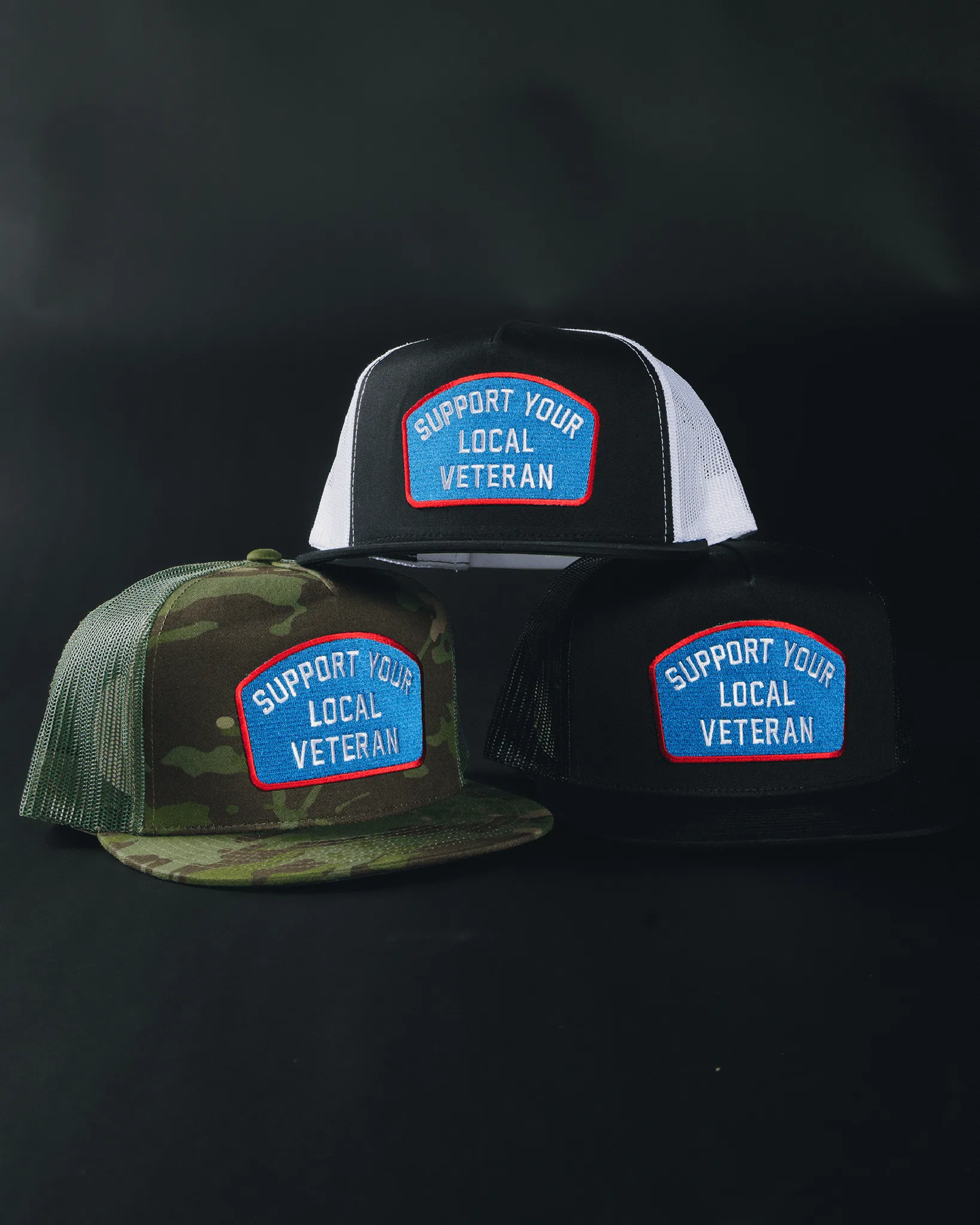 Support Your Local Veteran Flat Bill Trucker Snapback - Red, White, & Blue sold by Dixxon