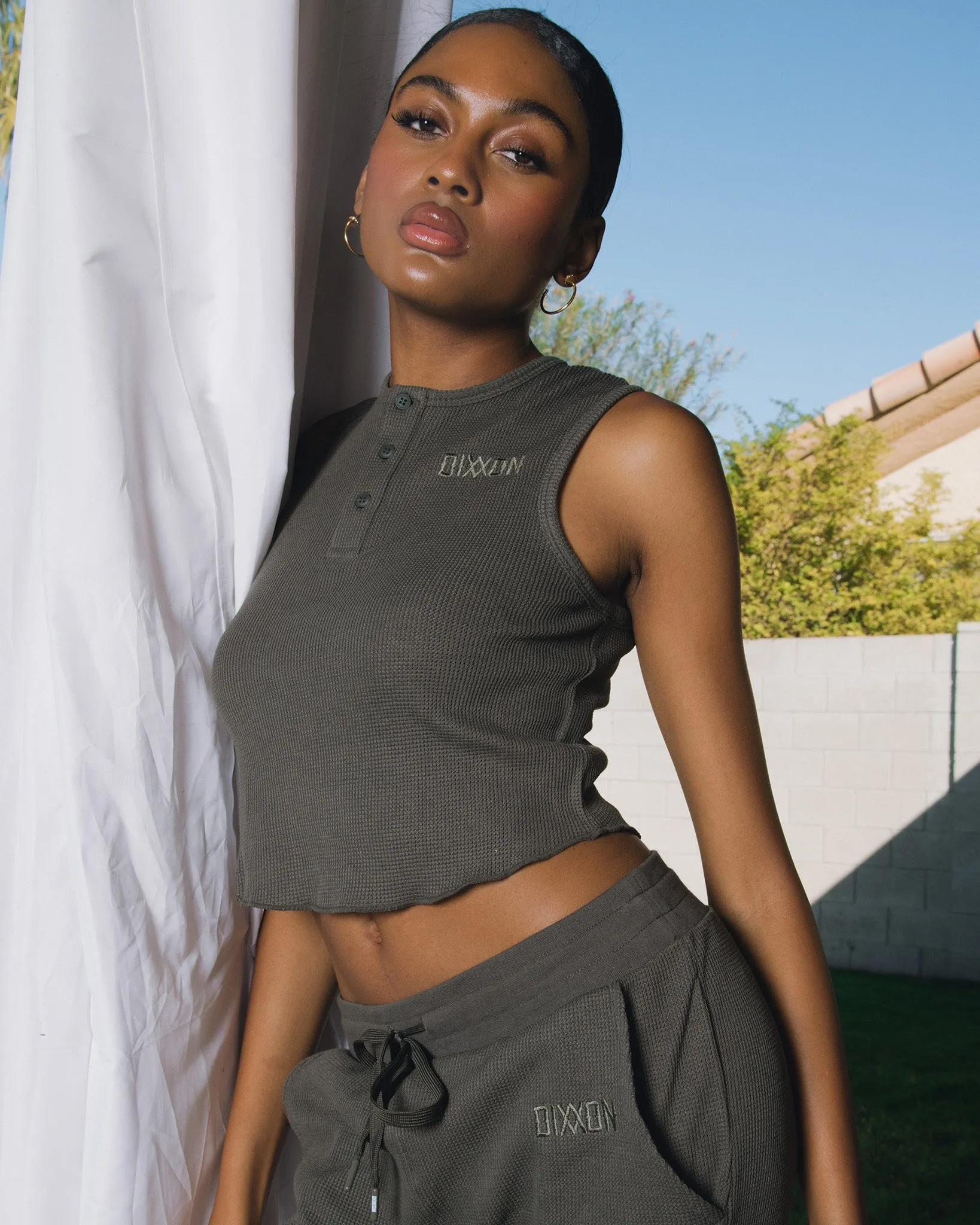 Women's Waffle Knit Crop Tank - O.D. Green sold by Dixxon