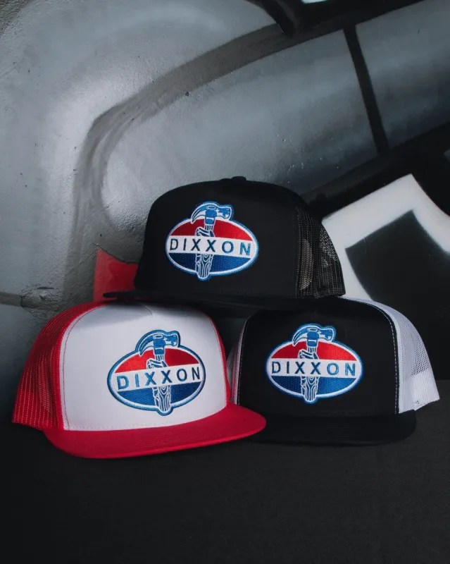 Hammered Flat Bill Trucker Snapback - Red, White, & Blue made by Dixxon