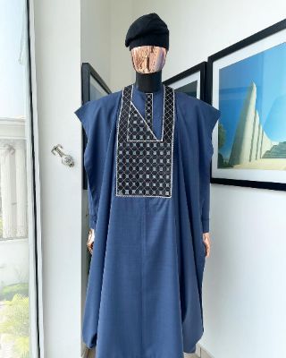 A Navy blue, connected square embroidery design details agbada sold by Dejiandkola