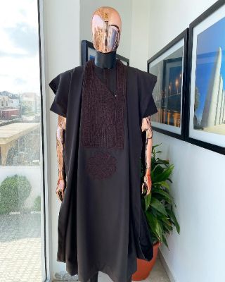 A brown, inverted triangle and rectangular monochrome embroidery design agbada, short sleeve buba & sokoto sold by Dejiandkola