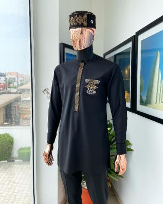A charcoal black, dotted flap, kissing wave embroidery detailing hat and flap pocket traditional senator kaftan native sold by Dejiandkola