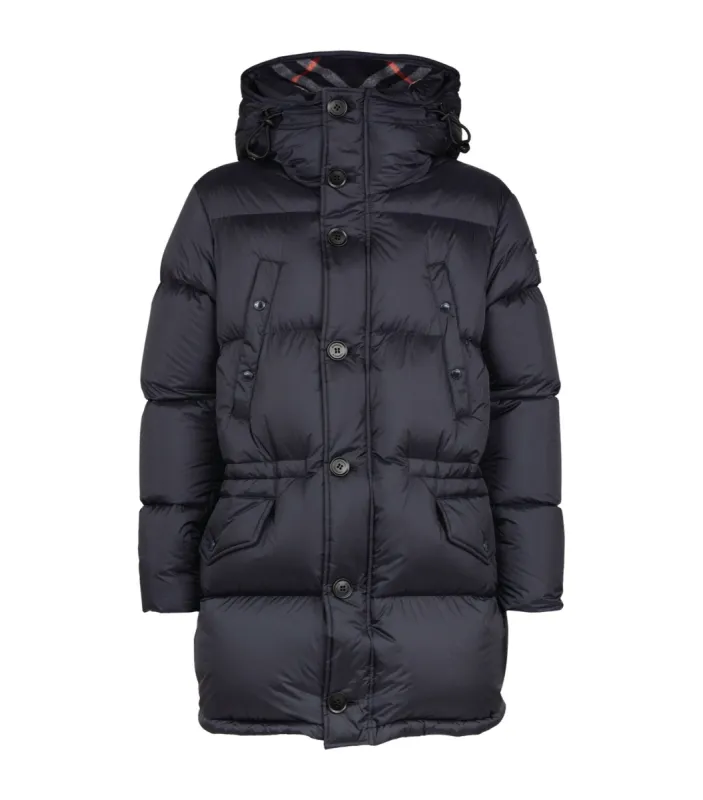Burberry Check Hooded Long Puffer Jacket Navy sold by Klay UK