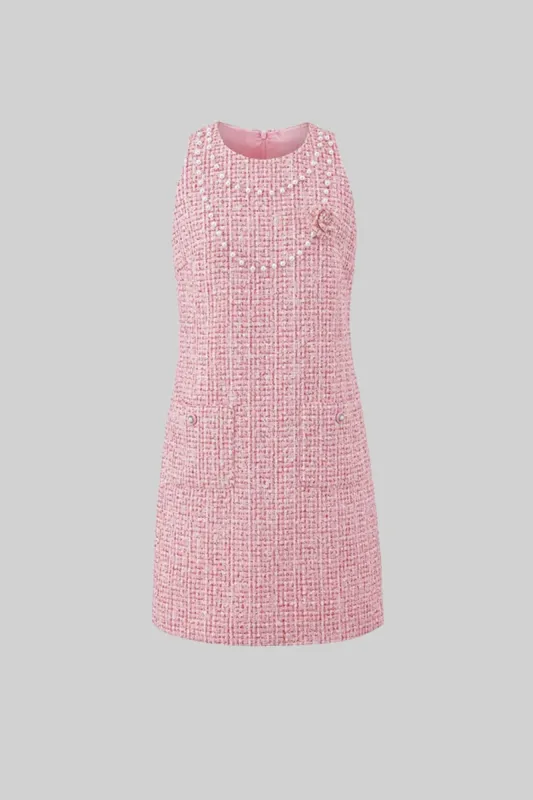 Sleeveless Tweed Mini Dress with Pearl Embellishments - Pink made by Sierra darien