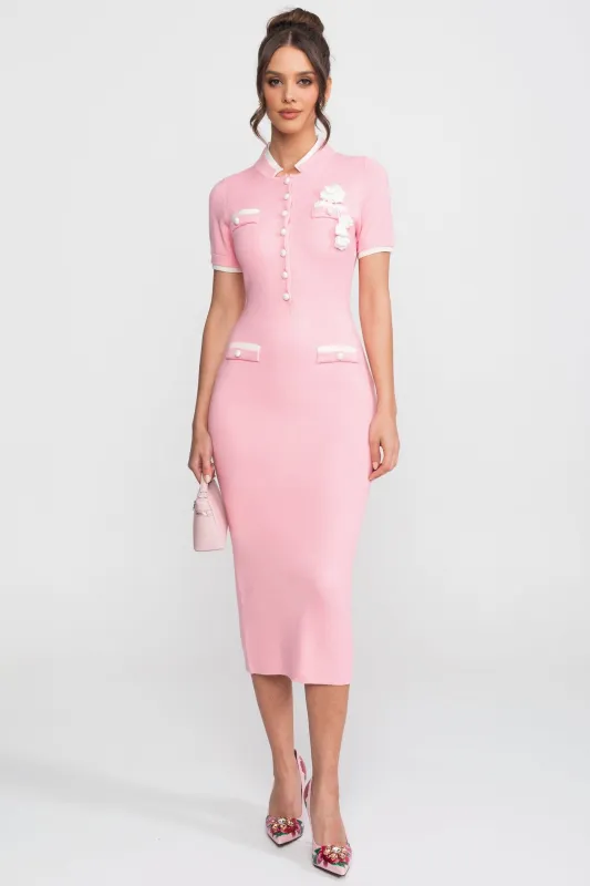 Ribbed Knit Midi Dress With Contrast Trim And Decorative Pockets - Pink made by Sierra darien