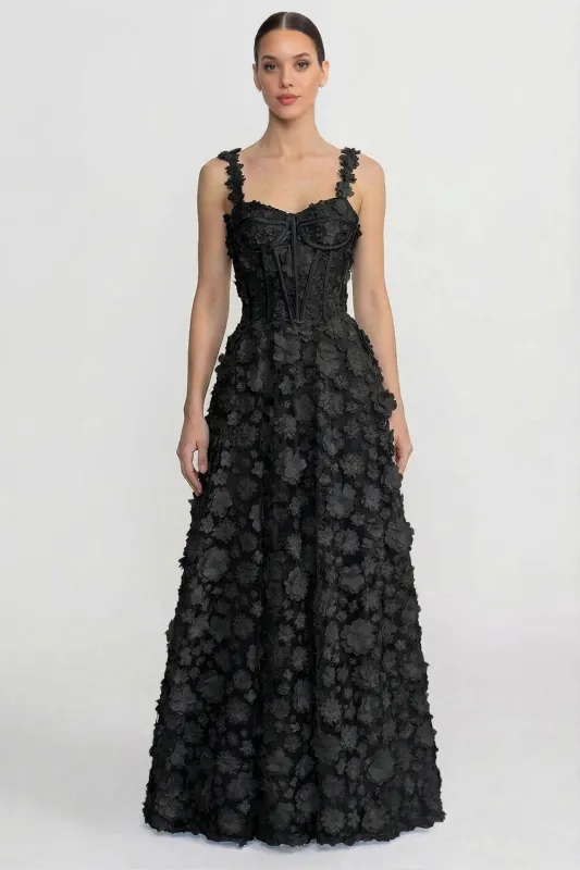 Floral Appliqué Maxi Dress With Corset Bodice - Black made by Sierra darien