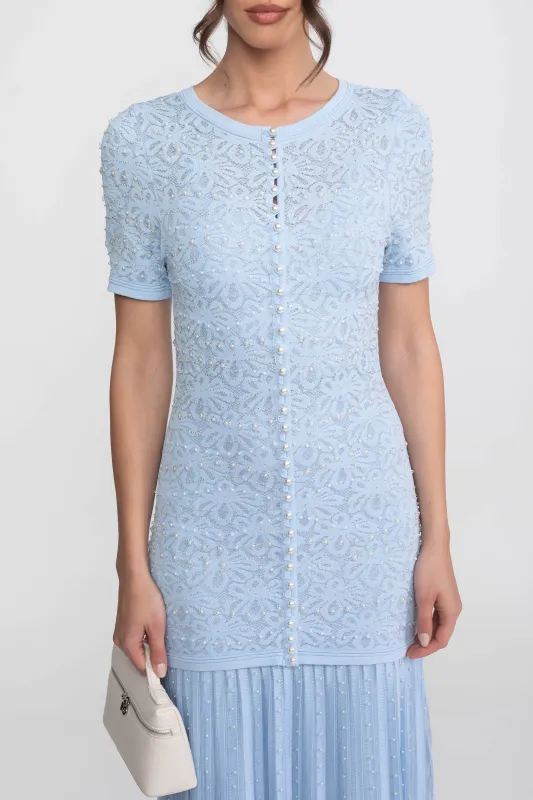 Short Sleeve Maxi Dress With Pearl Embellishments - Powder Blue made by Sierra darien