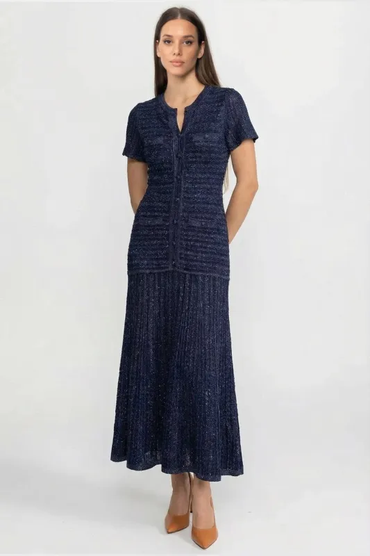 Short Sleeve Midi Dress With Shimmer Knit Texture - Navy made by Sierra darien