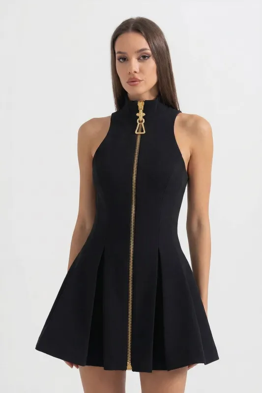 Sleeveless Mini Dress With Gold Front Zipper - Black made by Sierra darien