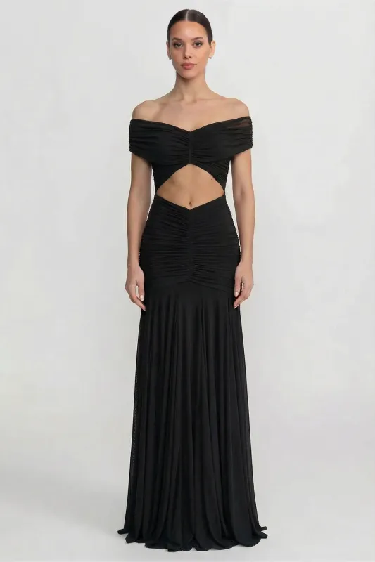 Ruched Off-The-Shoulder Maxi Dress With Cut-Out Waist - Black made by Sierra darien