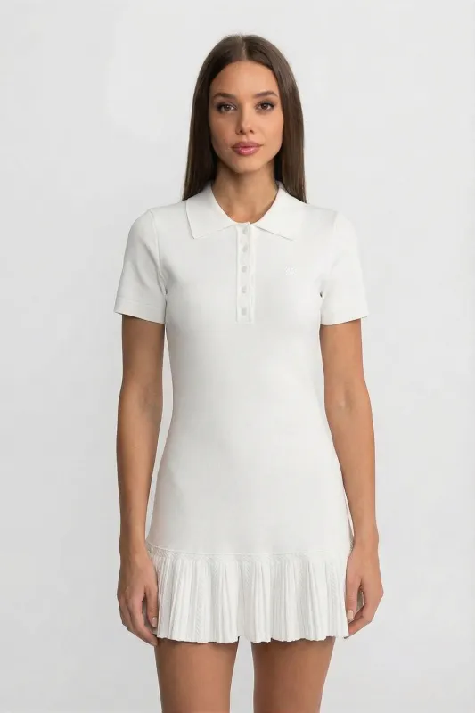 Short Sleeve Polo Mini Dress With Pleated Ruffle Hem - White made by Sierra darien
