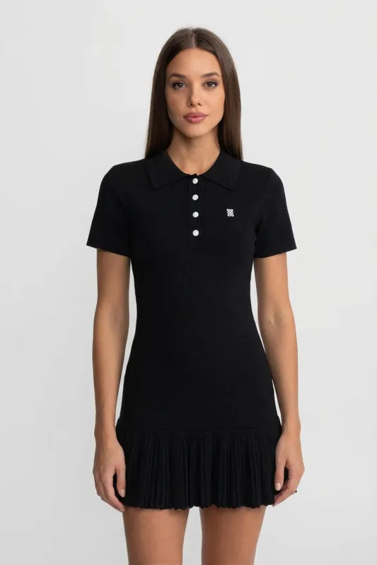 Short Sleeve Polo Mini Dress With Pleated Ruffle Hem - Black made by Sierra darien