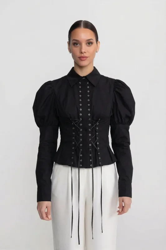 Long Sleeve Shirt With Corset Lace-Up Detail - Black made by Sierra darien