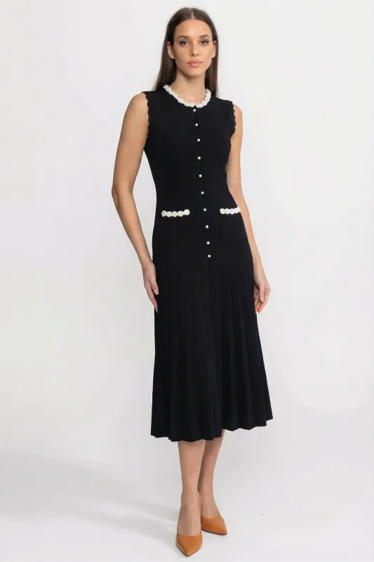 Sleeveless Midi Dress With Pearl Trim Details - Black made by Sierra darien