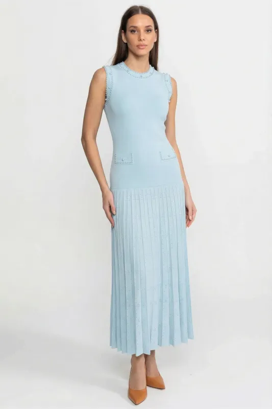Knitted Sleeveless Midi Dress With Pearl Embellishments - Blue made by Sierra darien