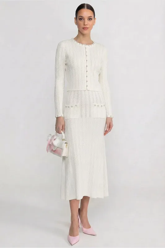Ribbed Knit Dress and Cardigan Set With Pearl Button Detailing - White made by Sierra darien