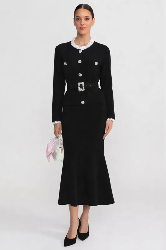 Long Sleeve Co-Ord With Fitted Knit Bodice And Crystal Button Detail - Black made by Sierra darien