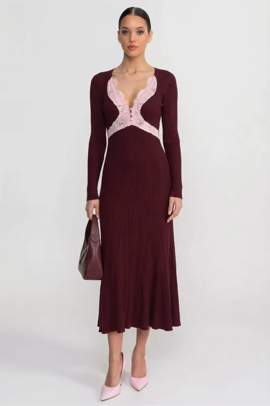 Ribbed Long Sleeve Midi Dress With Lace-Trim V-Neckline - Burgundy made by Sierra darien