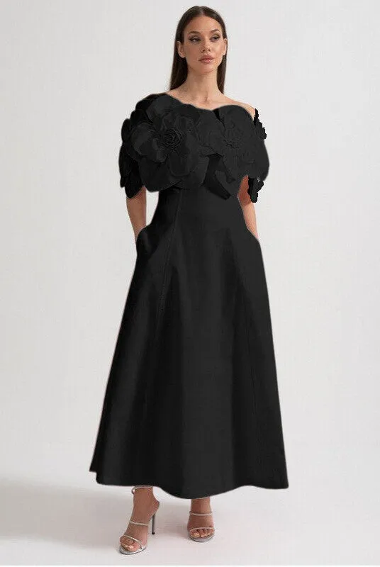 Off-Shoulder Midi Dress With Large Fabric Floral Accents - Black made by Sierra darien