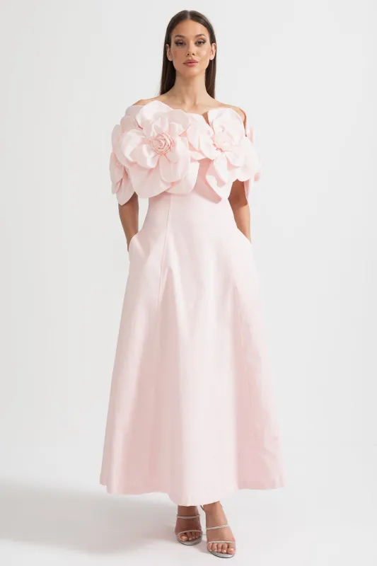 Off-Shoulder Midi Dress With Large Fabric Floral Accents - Pink made by Sierra darien
