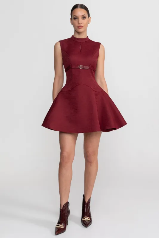 Sleeveless Mini Dress With High Neckline And Buckled Belted Waist - Burgundy made by Sierra darien