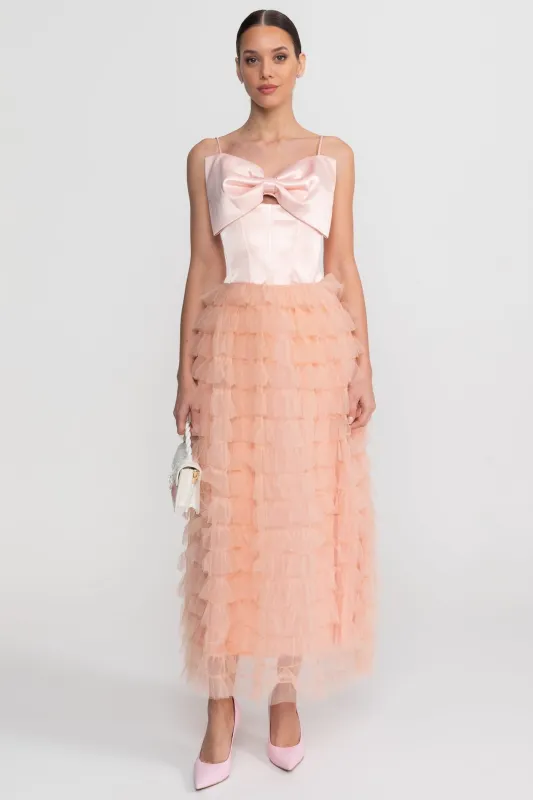 Satin Bow Strap Maxi Dress With Tiered Tulle Skirt - Blush Pink made by Sierra darien