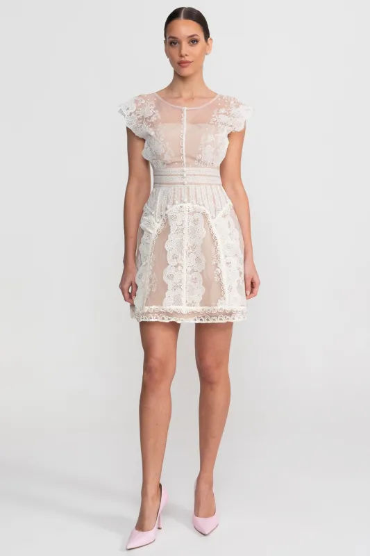 Cap Sleeve Mini Dress With Sheer Yoke And Pearl Button Detail - Ivoire made by Sierra darien