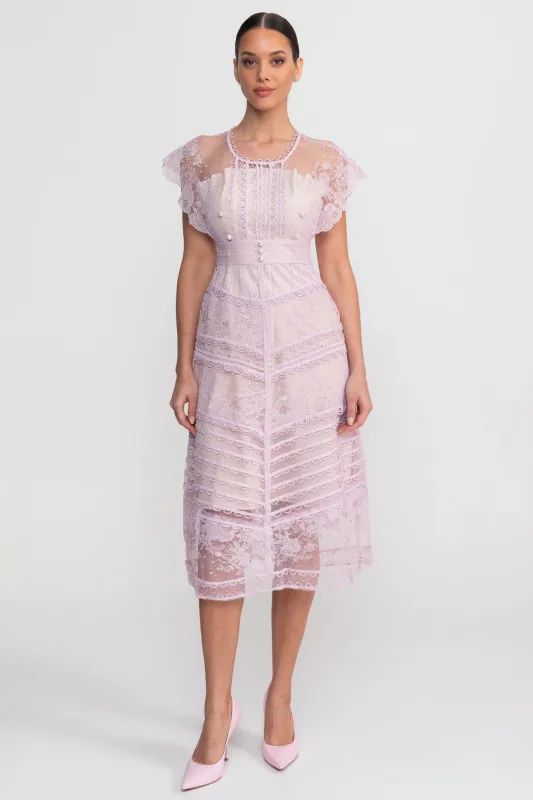 Lace Cap Sleeve Midi Dress With Scalloped Trims And Pearl Button Detail - Lilac made by Sierra darien