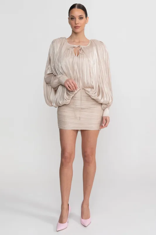 Draped Long Sleeve Mini Dress With Batwing Sleeves - Champagne made by Sierra darien